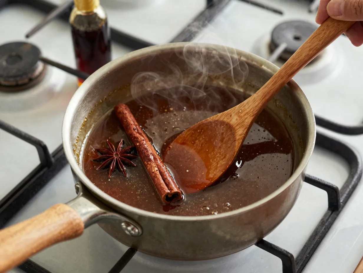 Chestnut praline syrup simmering in saucepan with spices and extracts