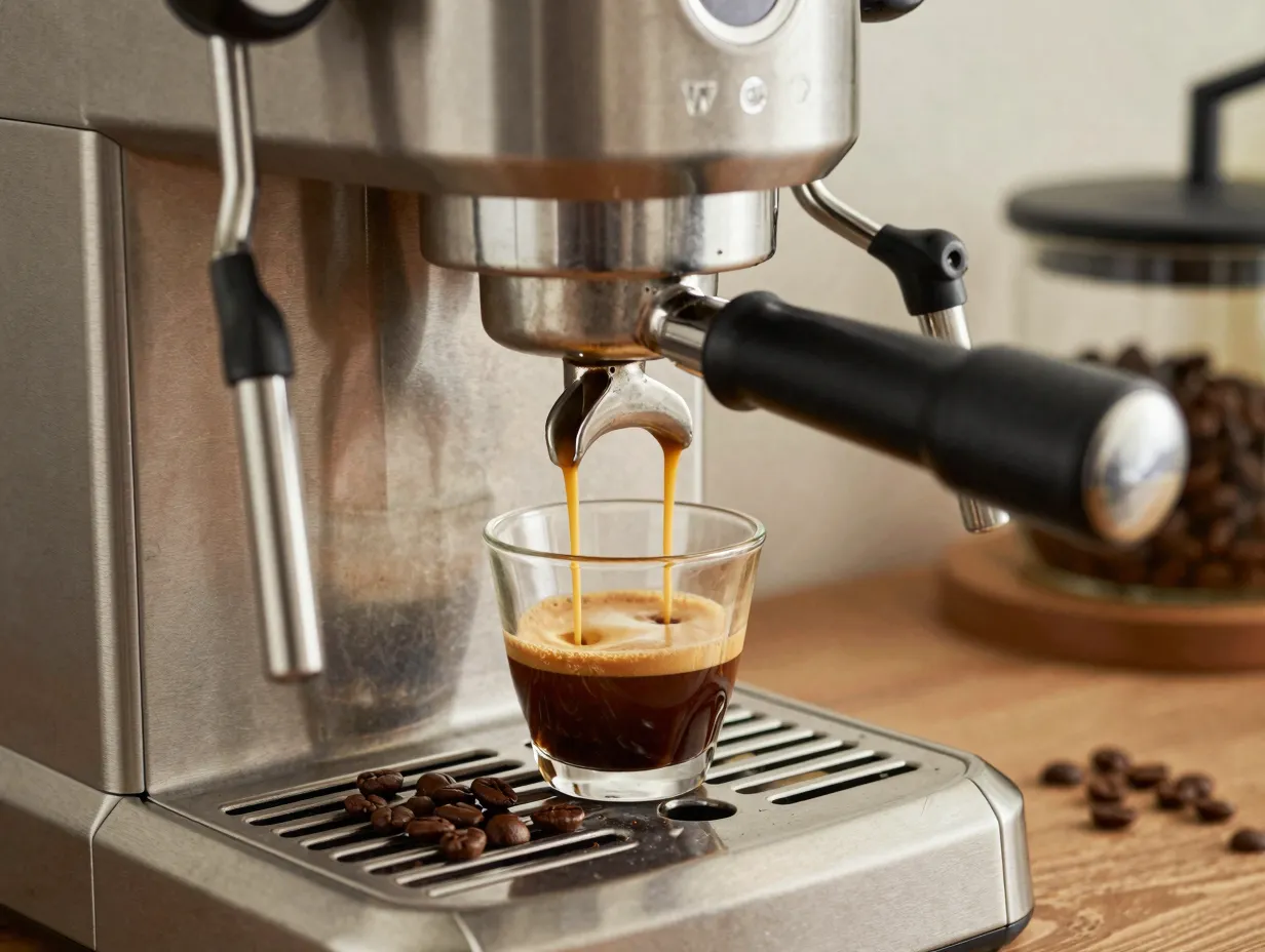 Pulling two shots of espresso from a home espresso machine
