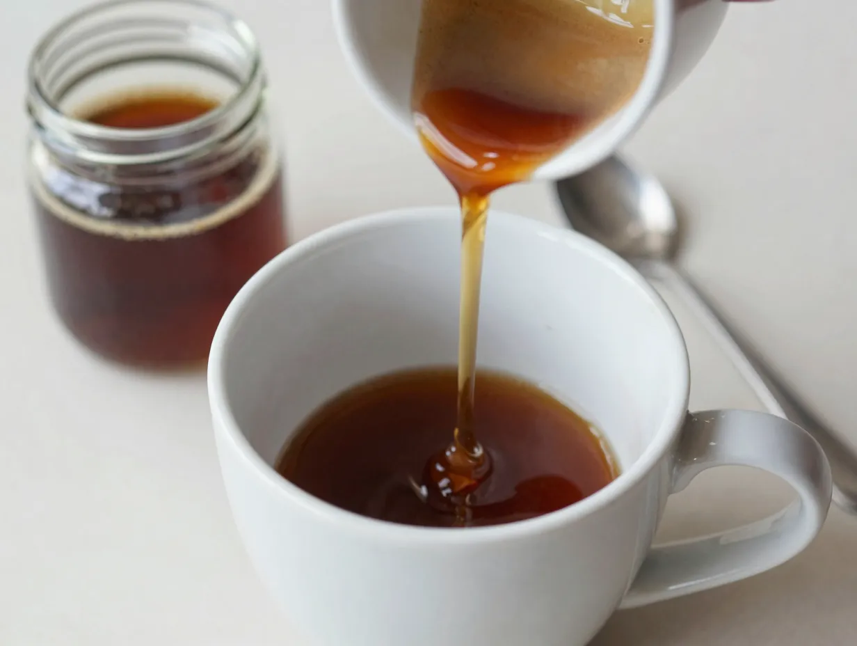 Chestnut praline syrup poured into a ceramic coffee mug
