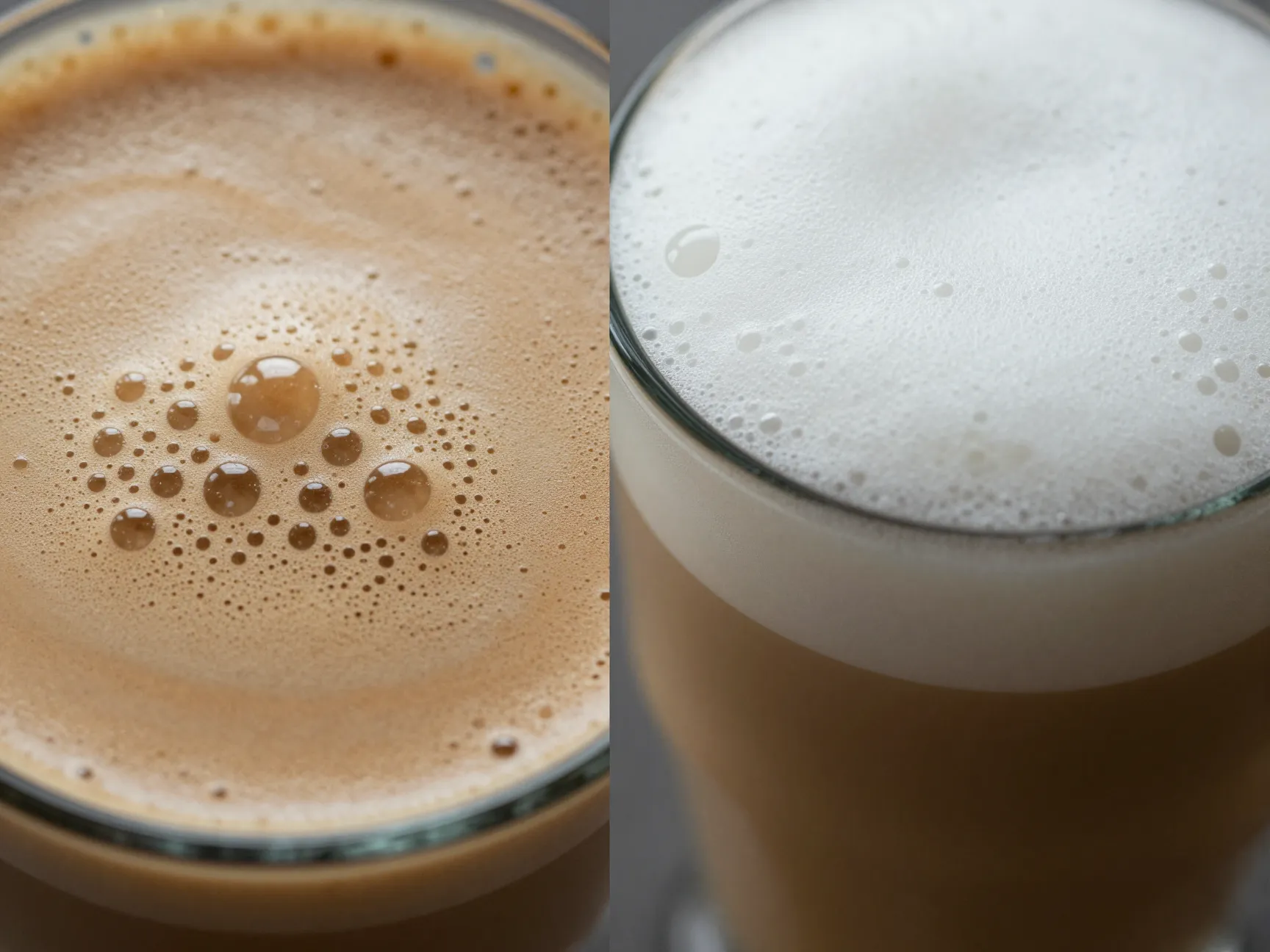 Silky microfoam in small cup versus thick foam layer in tall glass