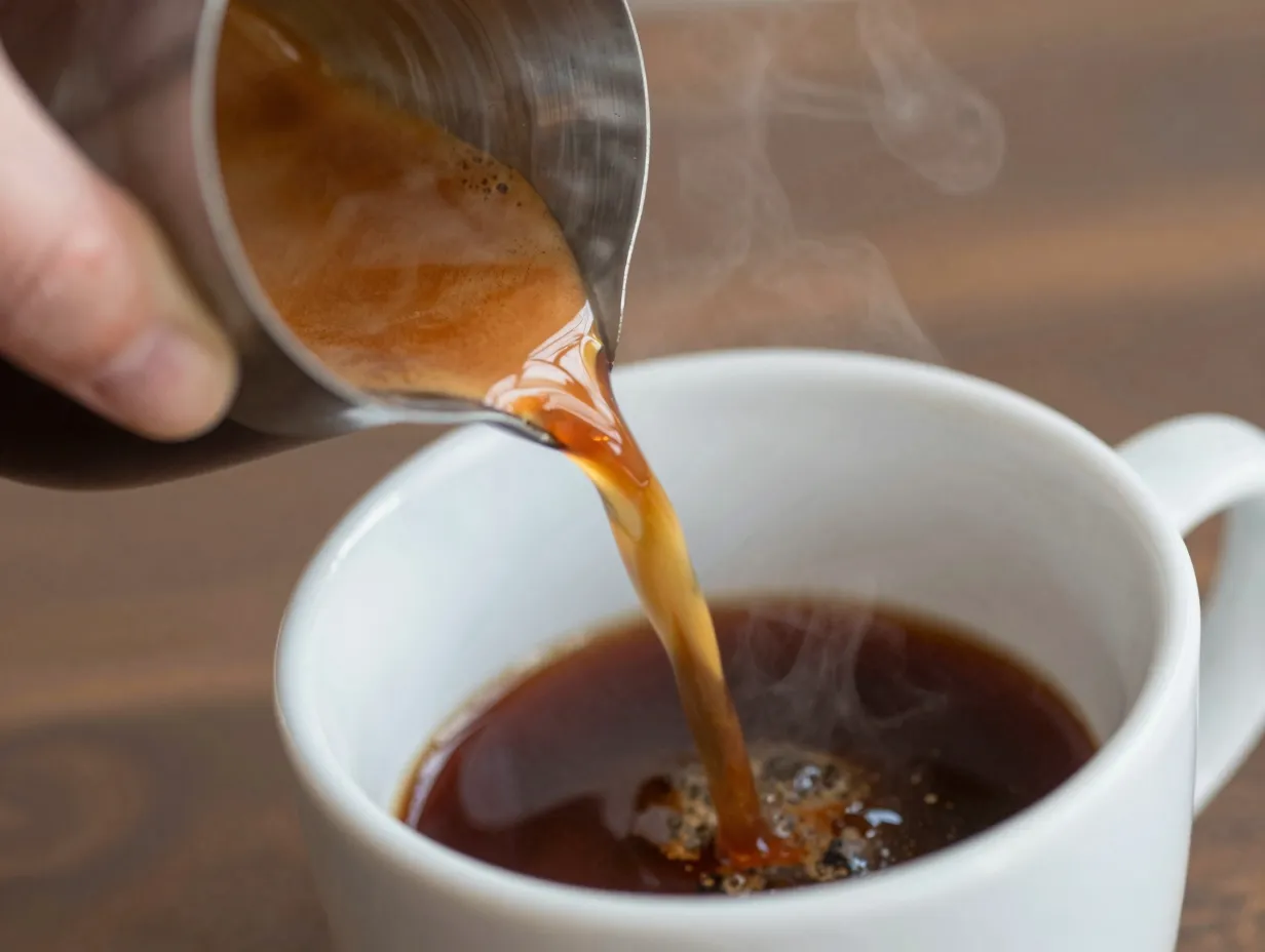 Pouring espresso over syrup in mug to combine the mixture