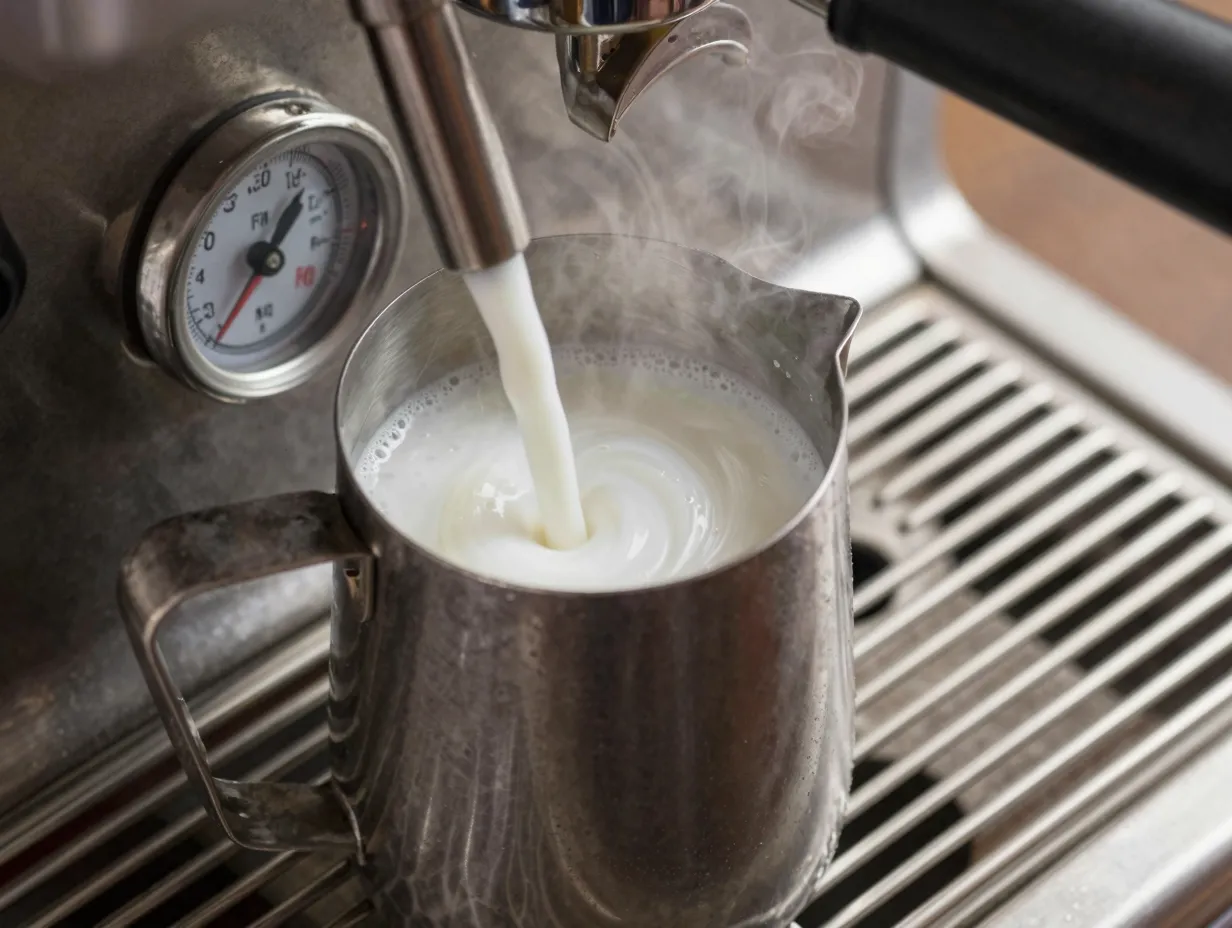 Steaming and frothing whole milk with a pitcher and steam wand