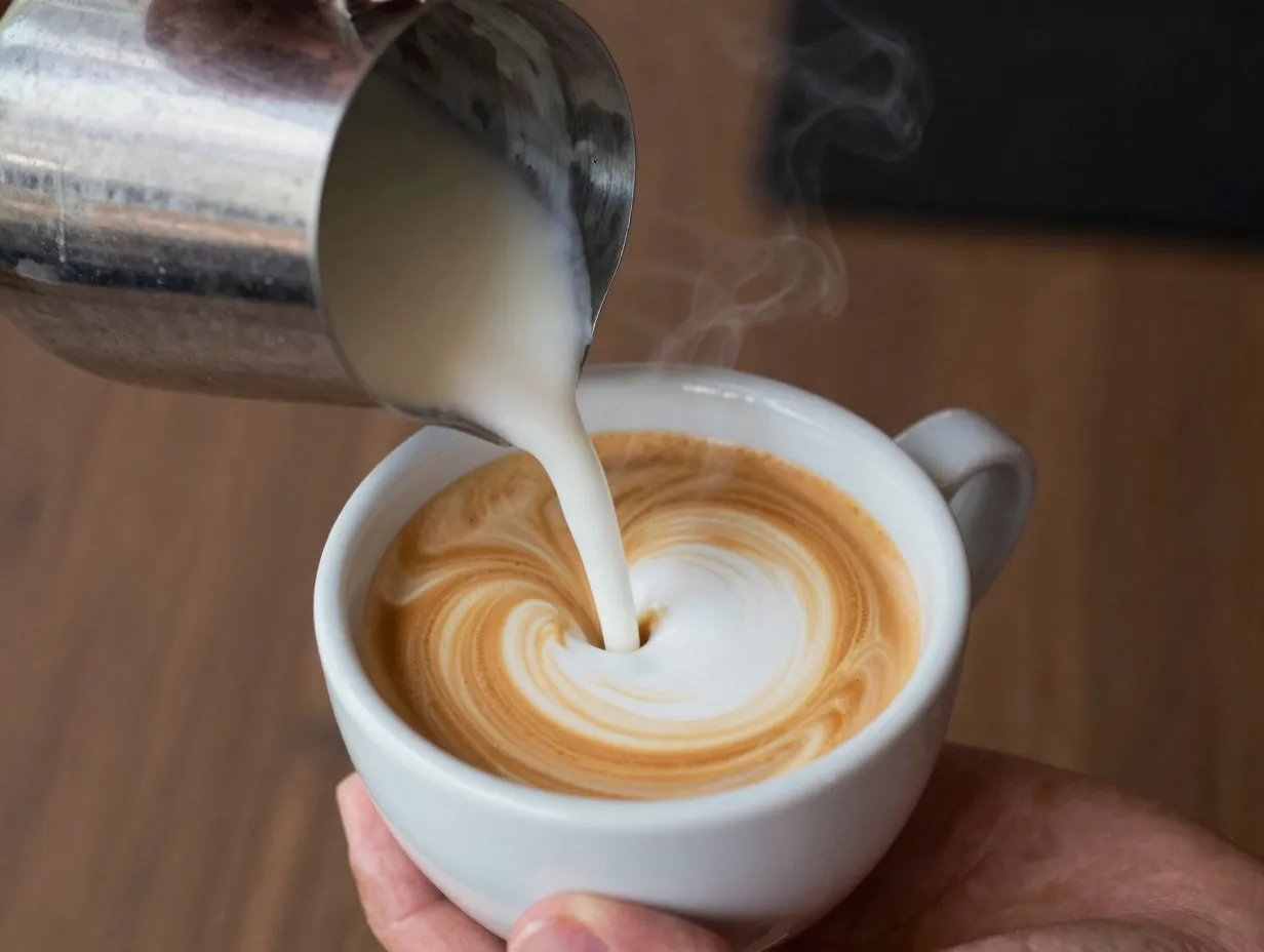 Pouring steamed milk into the espresso syrup mixture to create latte