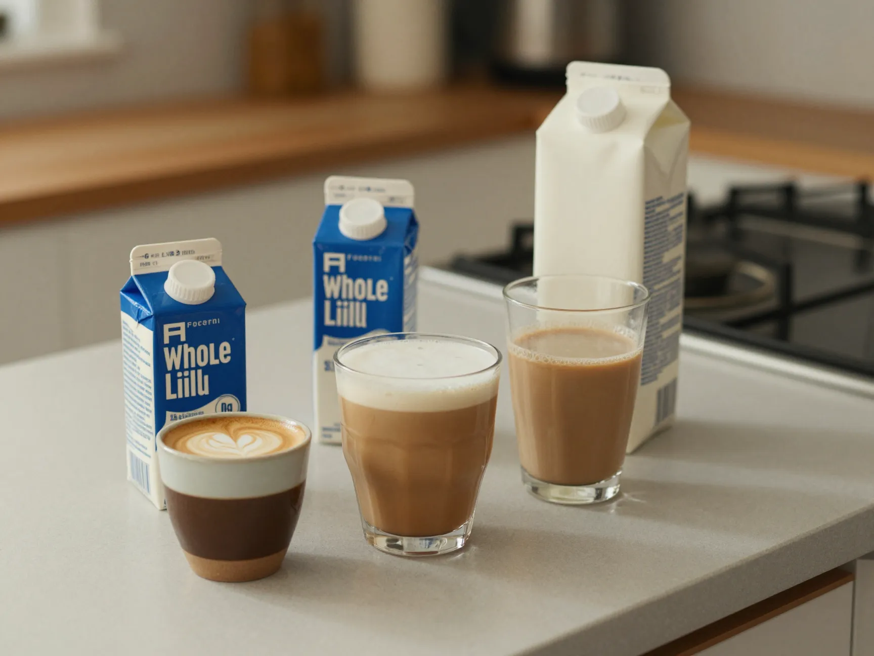Small flat white cup and large latte glass with whole milk cartons