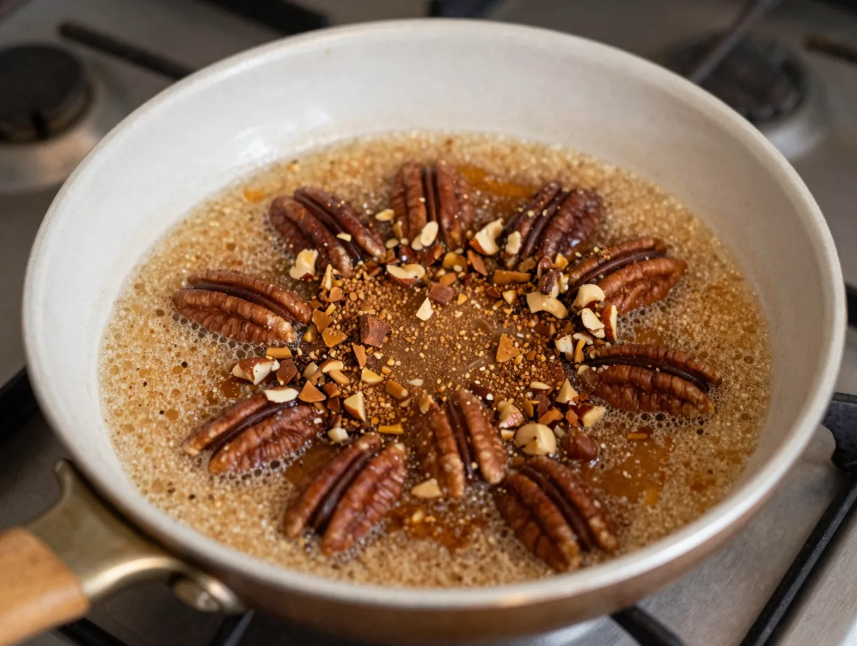 Making spiced praline topping in a skillet with sugar and nuts