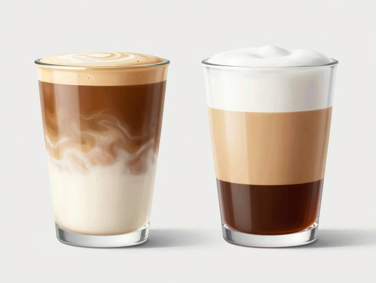 Velvety integrated flat white texture versus layered latte texture cross section