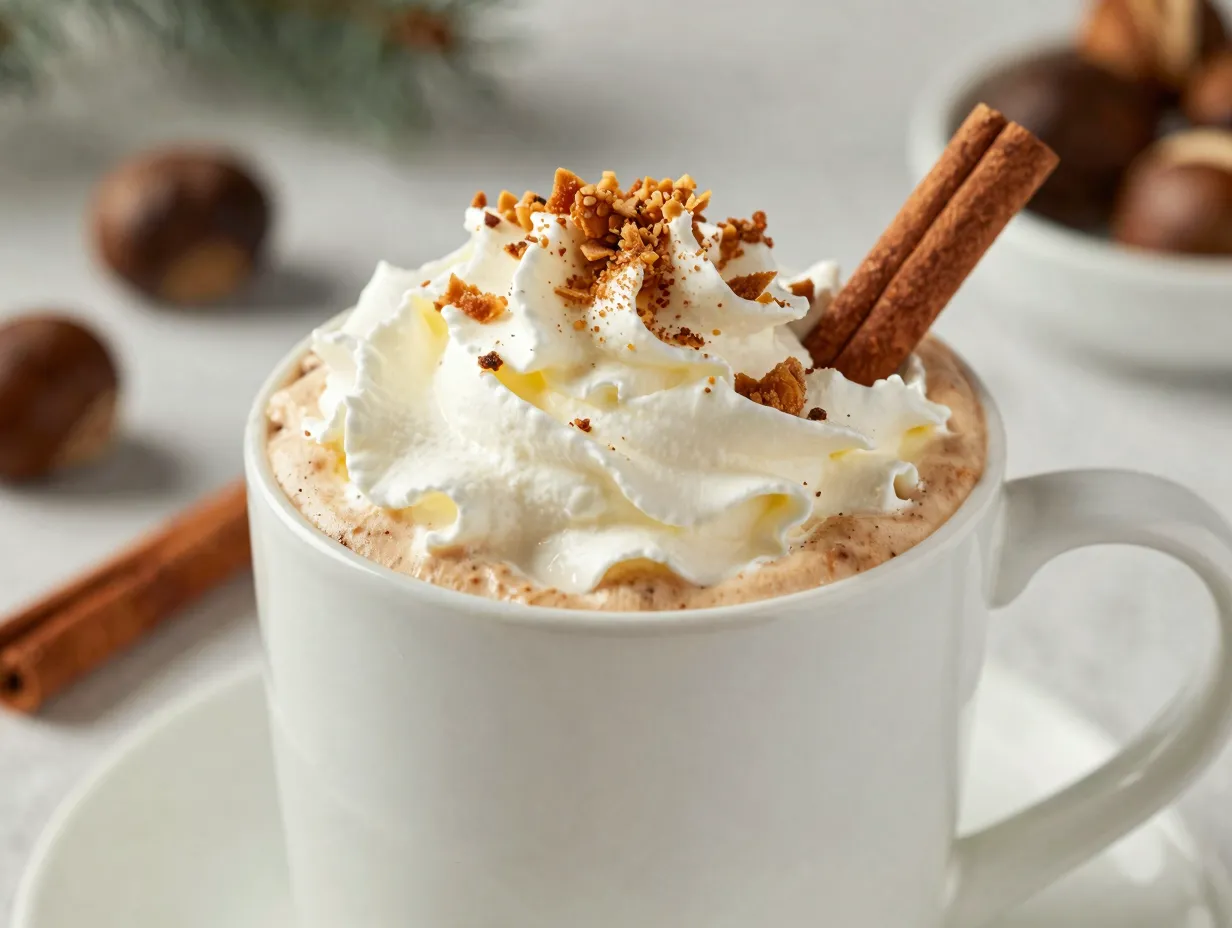 Finished chestnut praline latte with whipped cream and praline topping