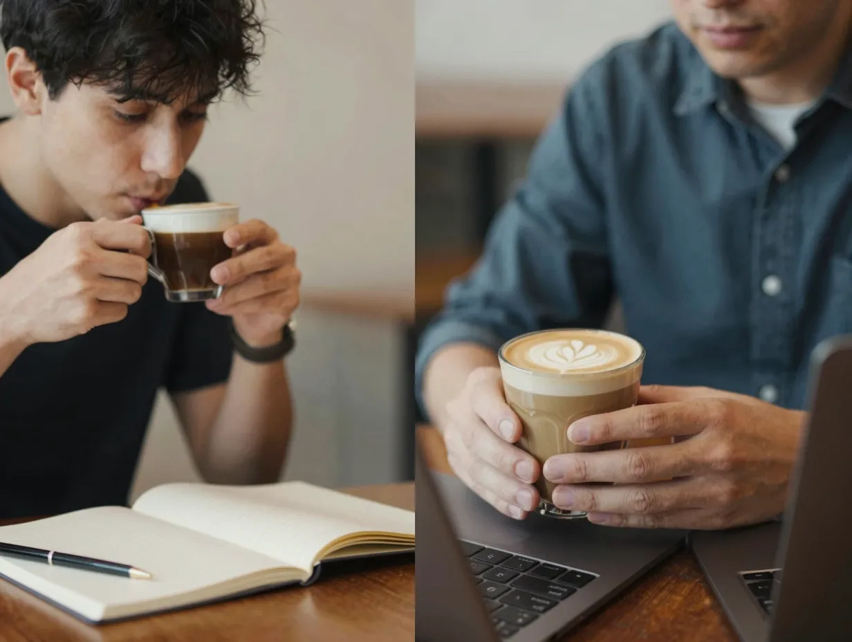 Person quickly drinking small flat white versus person slowly sipping large latte