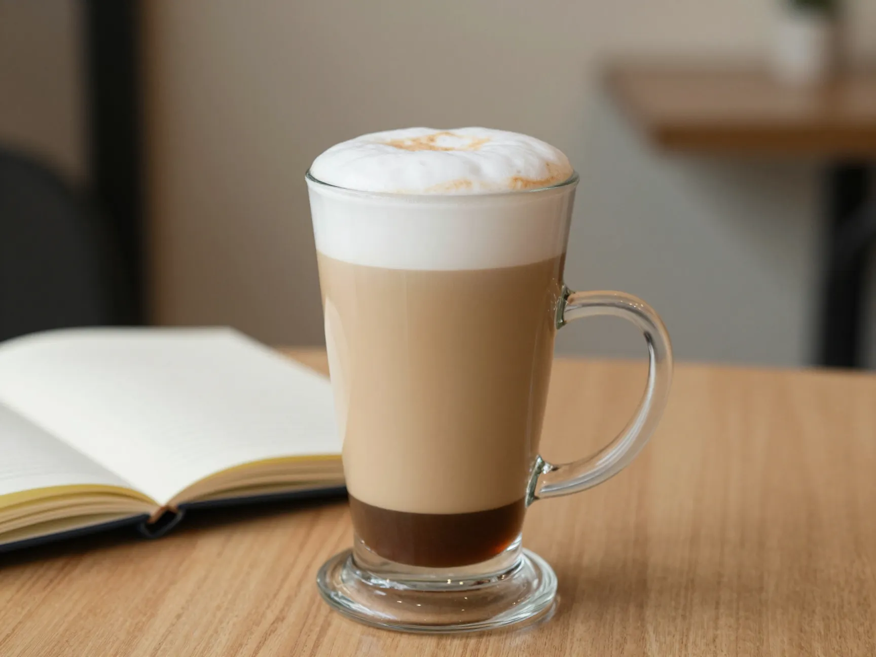 Large creamy latte in a glass mug for leisurely sipping