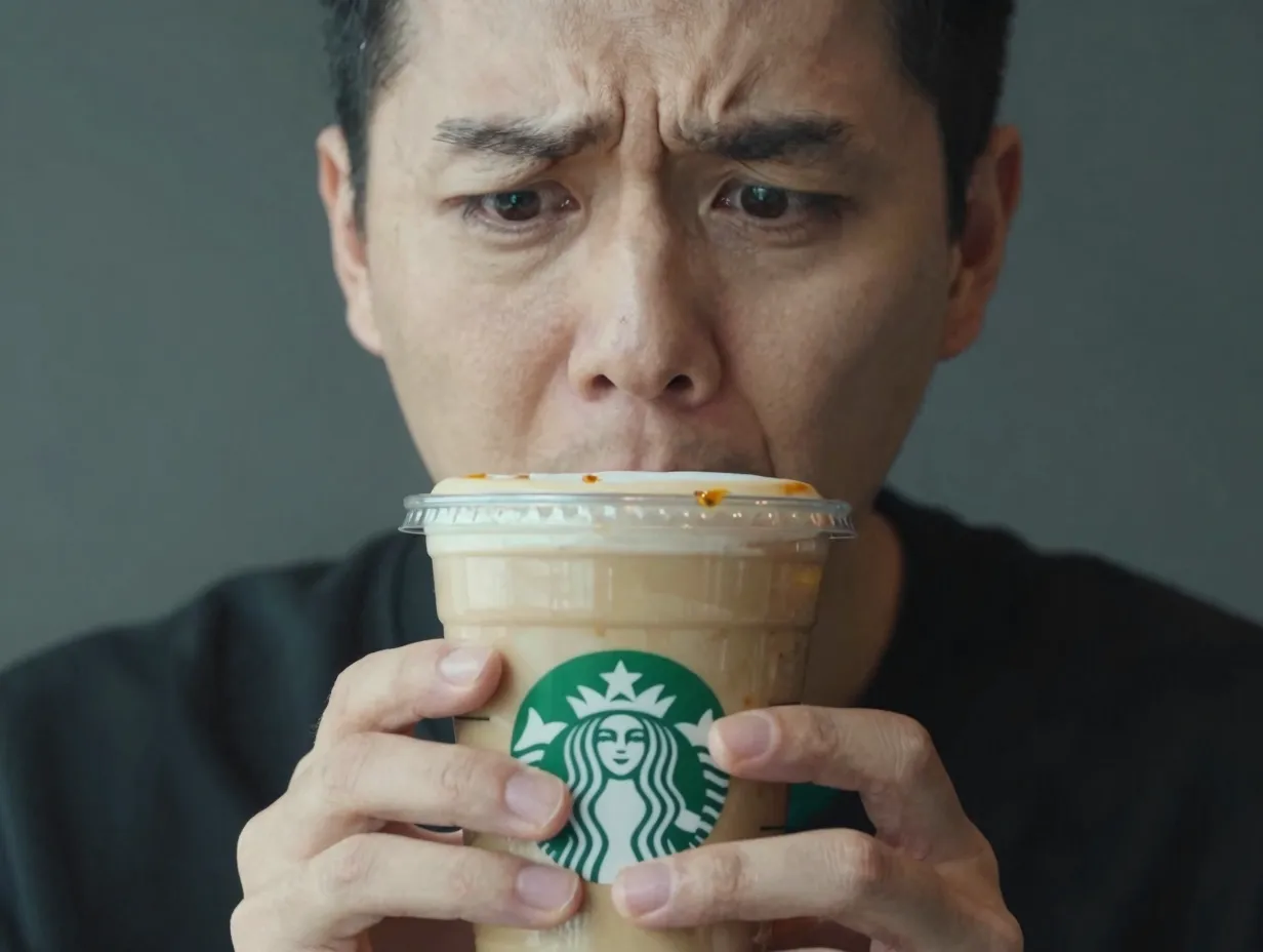 Flavor skeptic holding latte with no discernible caramel brulée taste