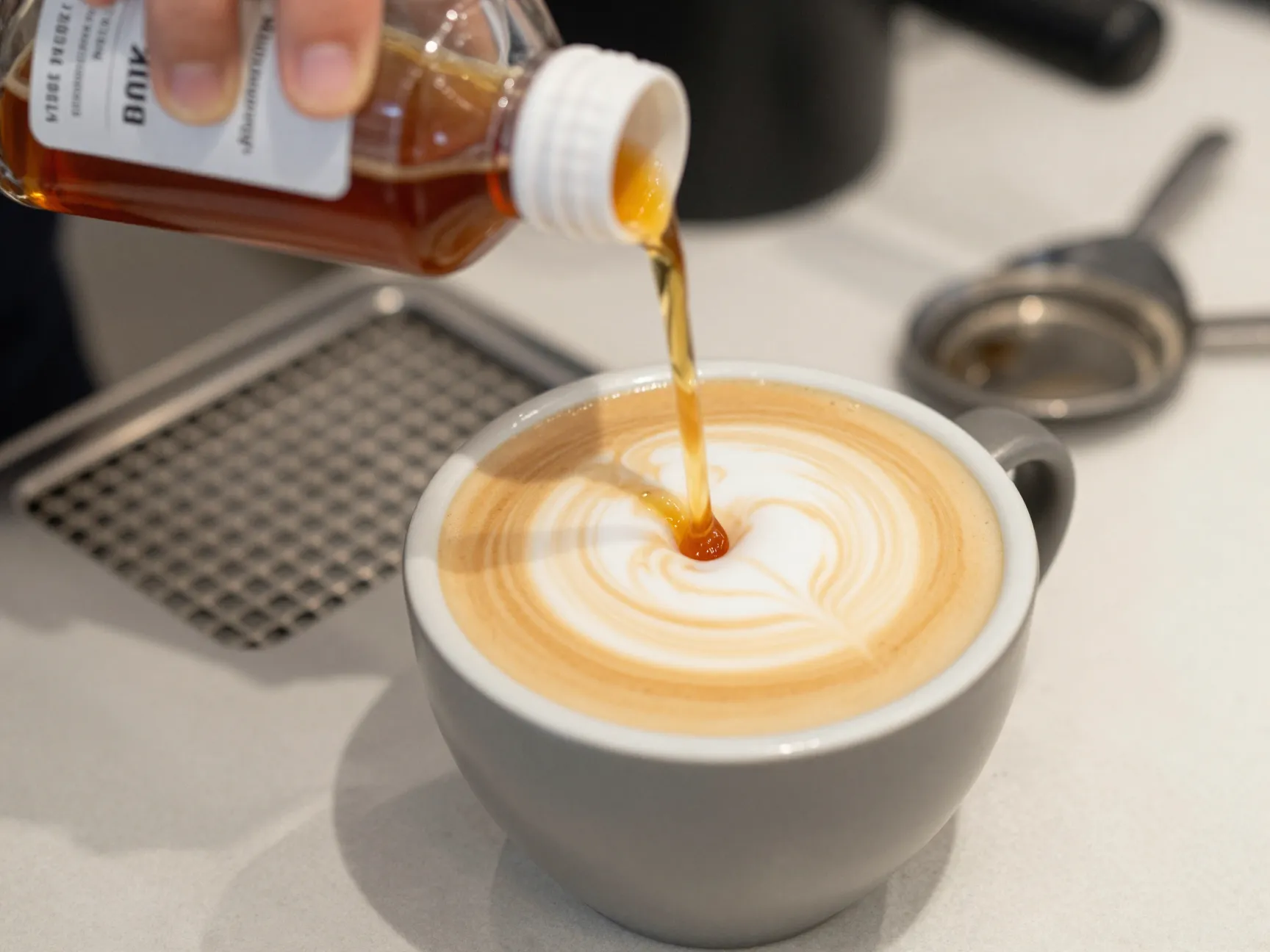 Vanilla syrup being poured into a large creamy latte