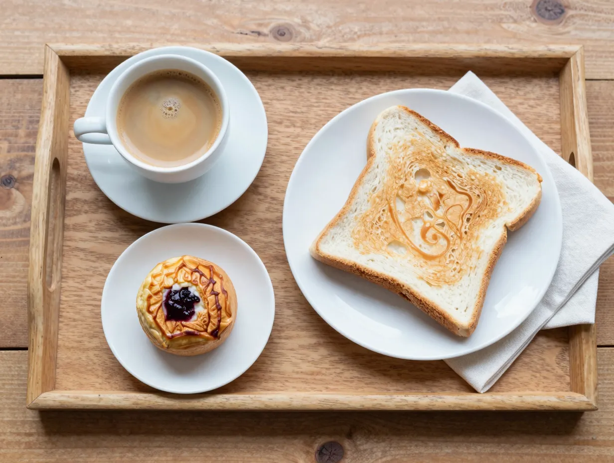 Morning flat white with a light breakfast on a wooden tray