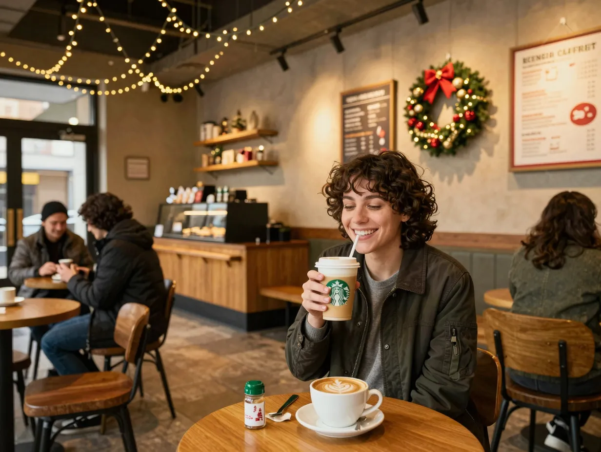 Seasonal ritual fan enjoying holiday latte in decorated café