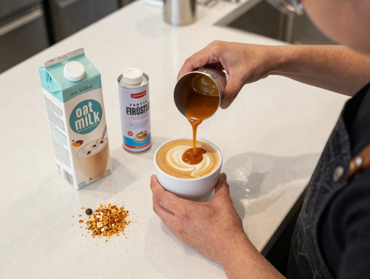 Customization enthusiast with oat milk and extra brulée sauce latte