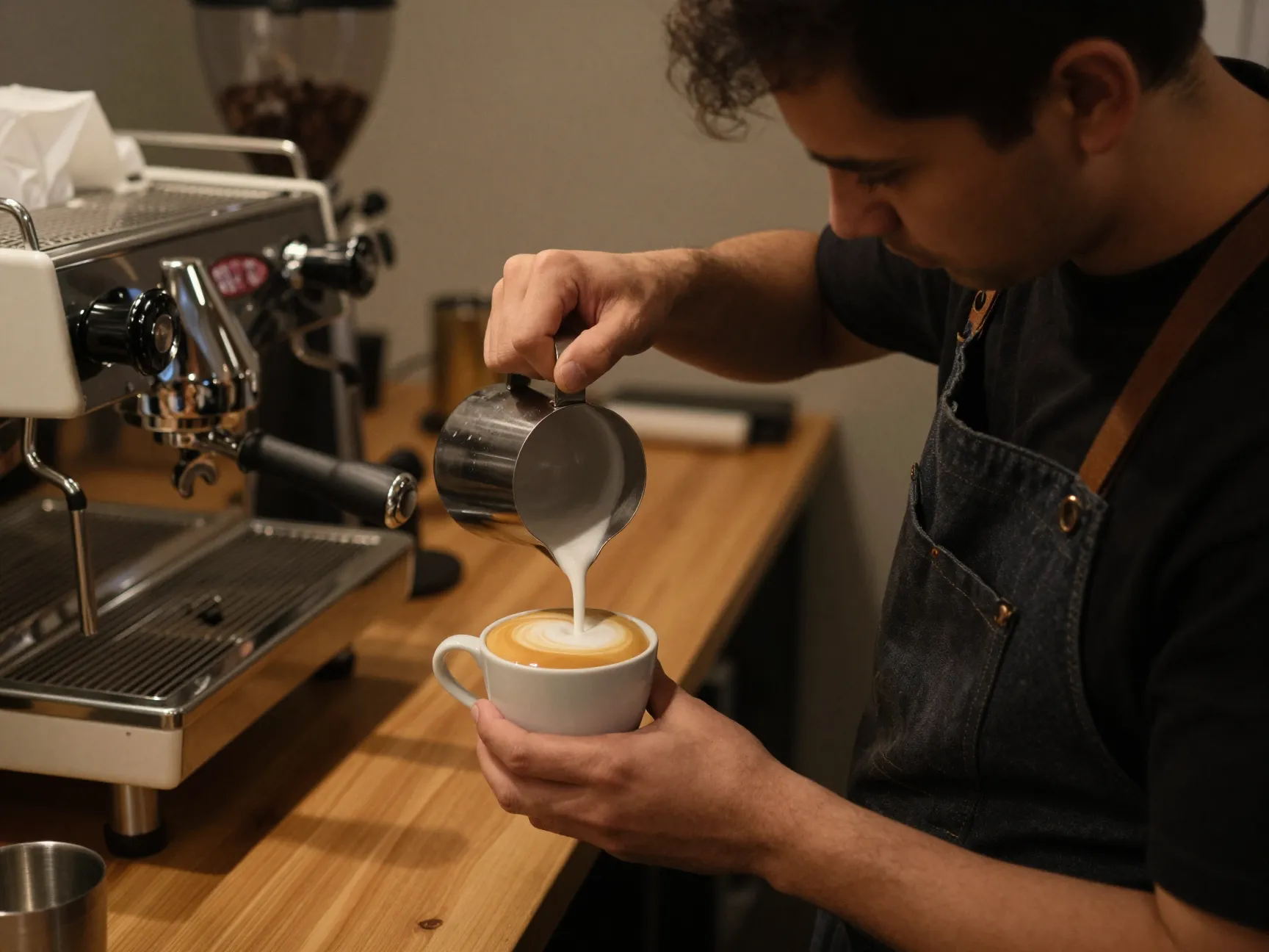 Skilled barista free pouring milk for a flat white creation