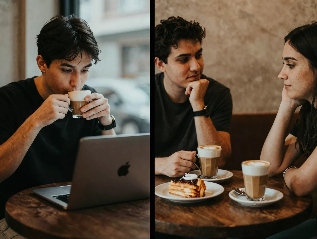 Focused coffee moment with a flat white versus relaxed latte ritual