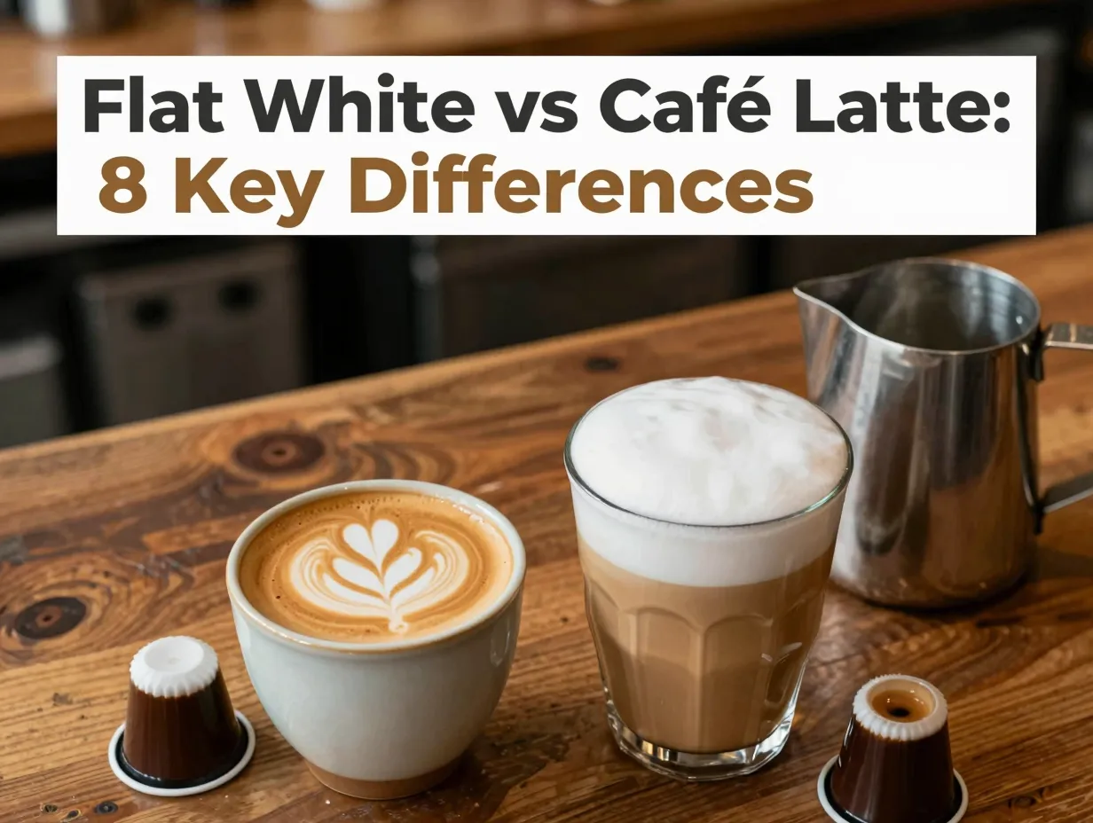 Flat white latte cups espresso pods milk pitcher