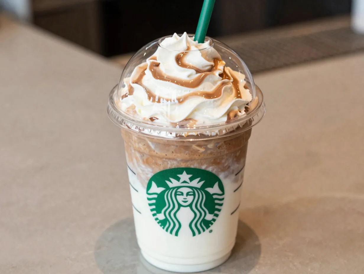 Rich white chocolate mocha drink closeup on cafe marble