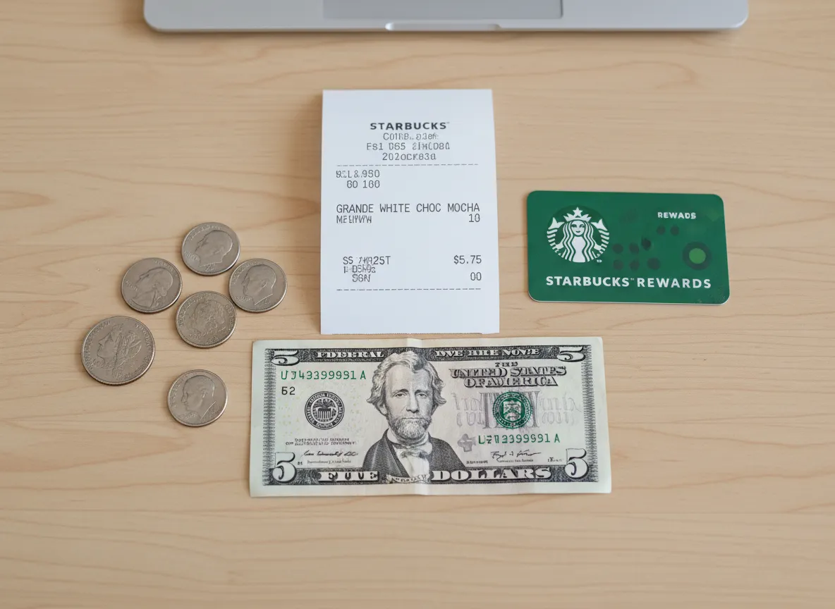 White chocolate mocha price tag next to coins on counter