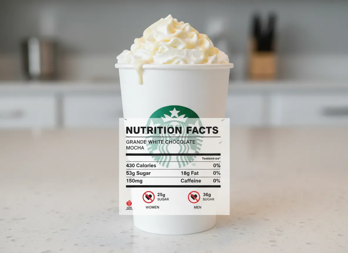 Nutrition facts label overlay on grande white chocolate mocha