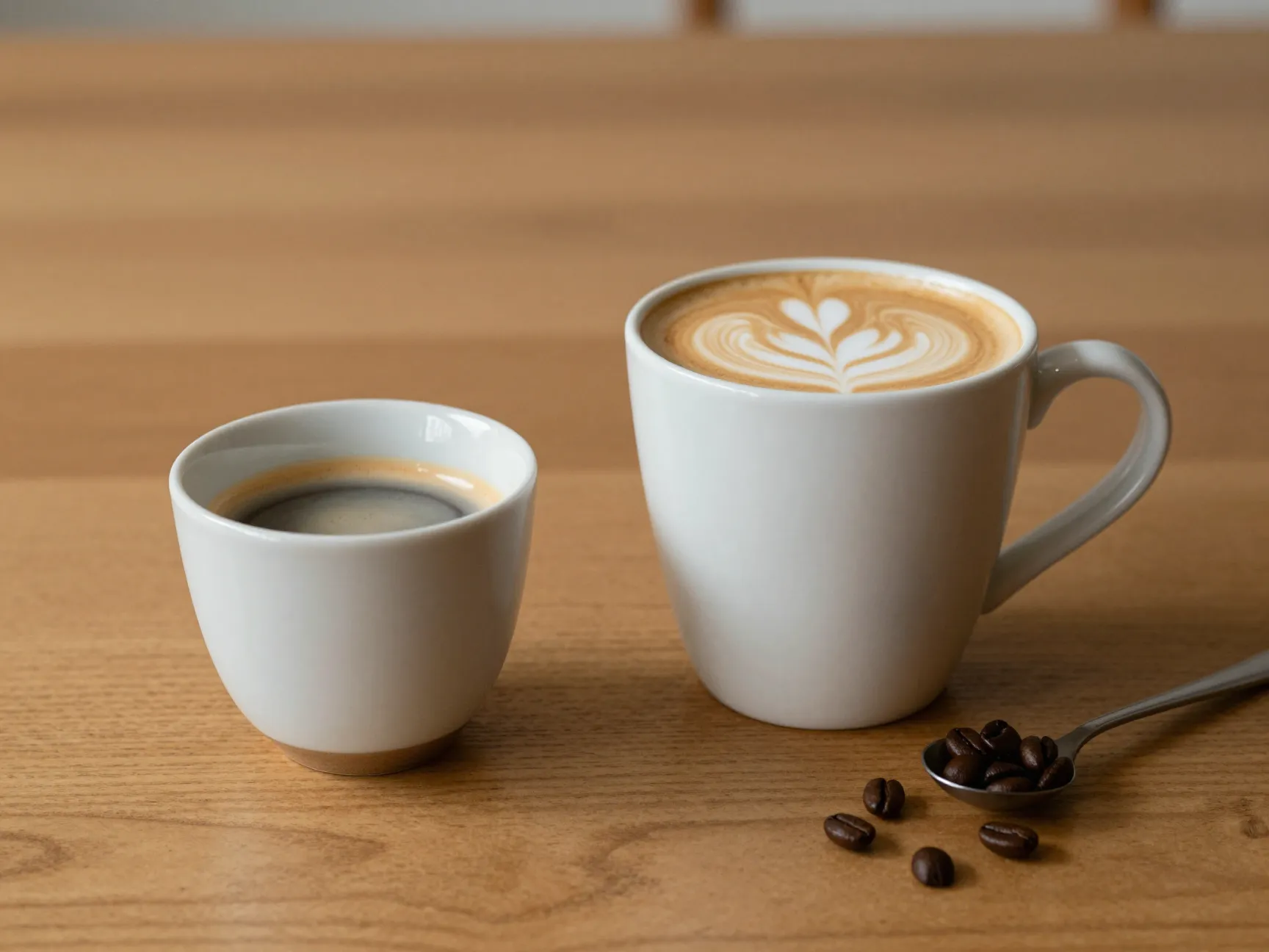 Small flat white cup and large latte cup showing size difference