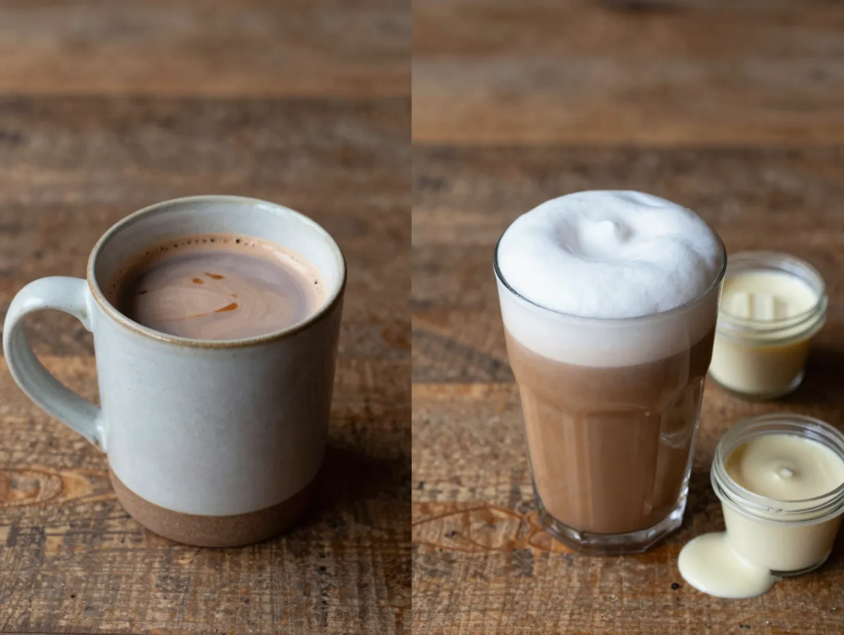 Side by side comparison hot mocha versus cold brew foam