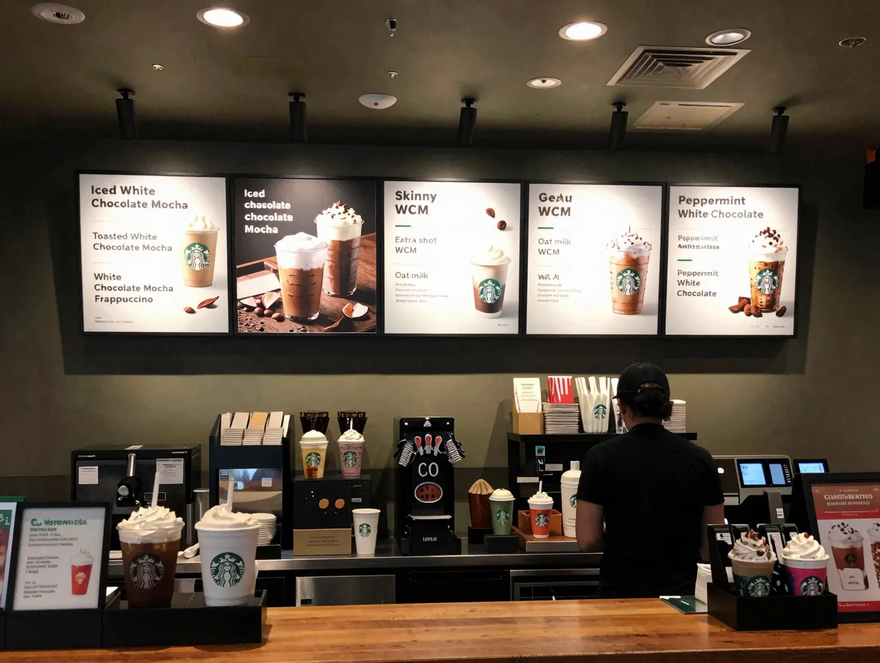 Customization menu board showing seven white chocolate mocha variations