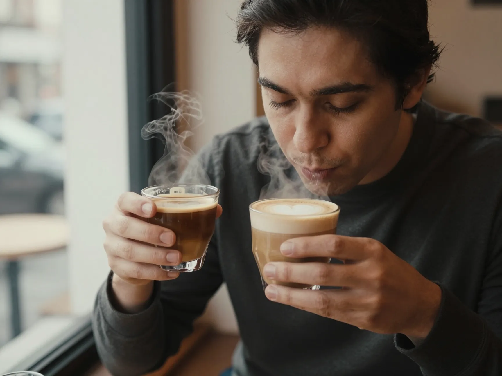 Person tasting a bold flat white versus a creamy latte