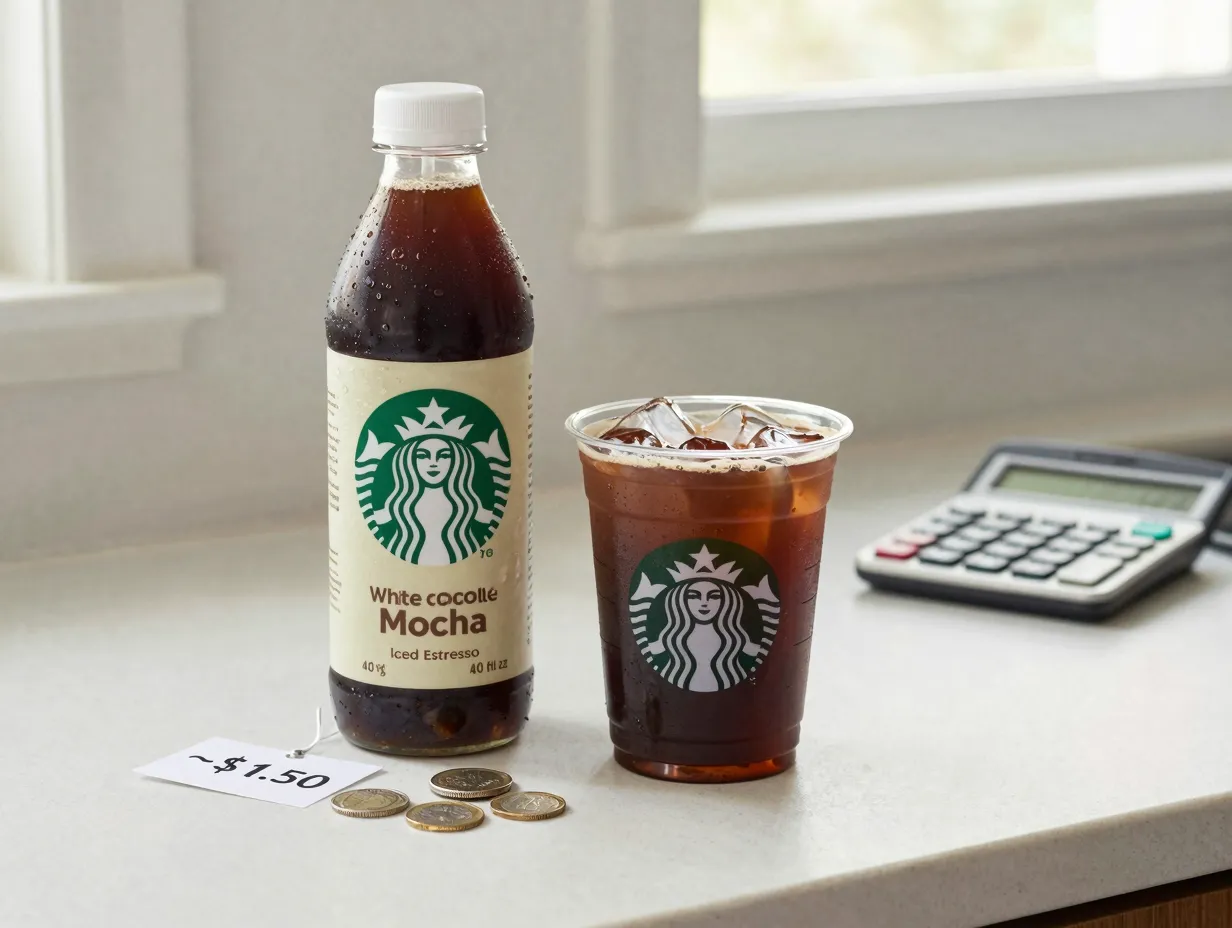 Bottled iced espresso next to fresh drink on kitchen counter