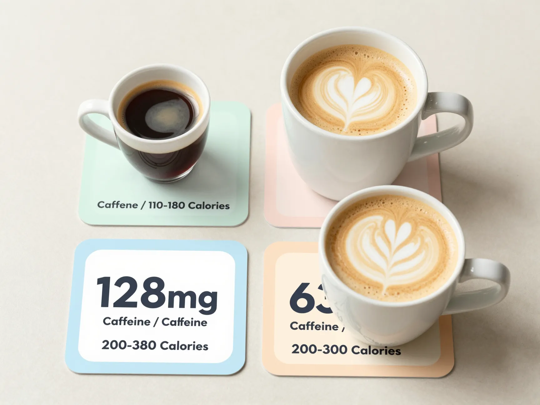 Nutrition label style cards next to flat white and latte