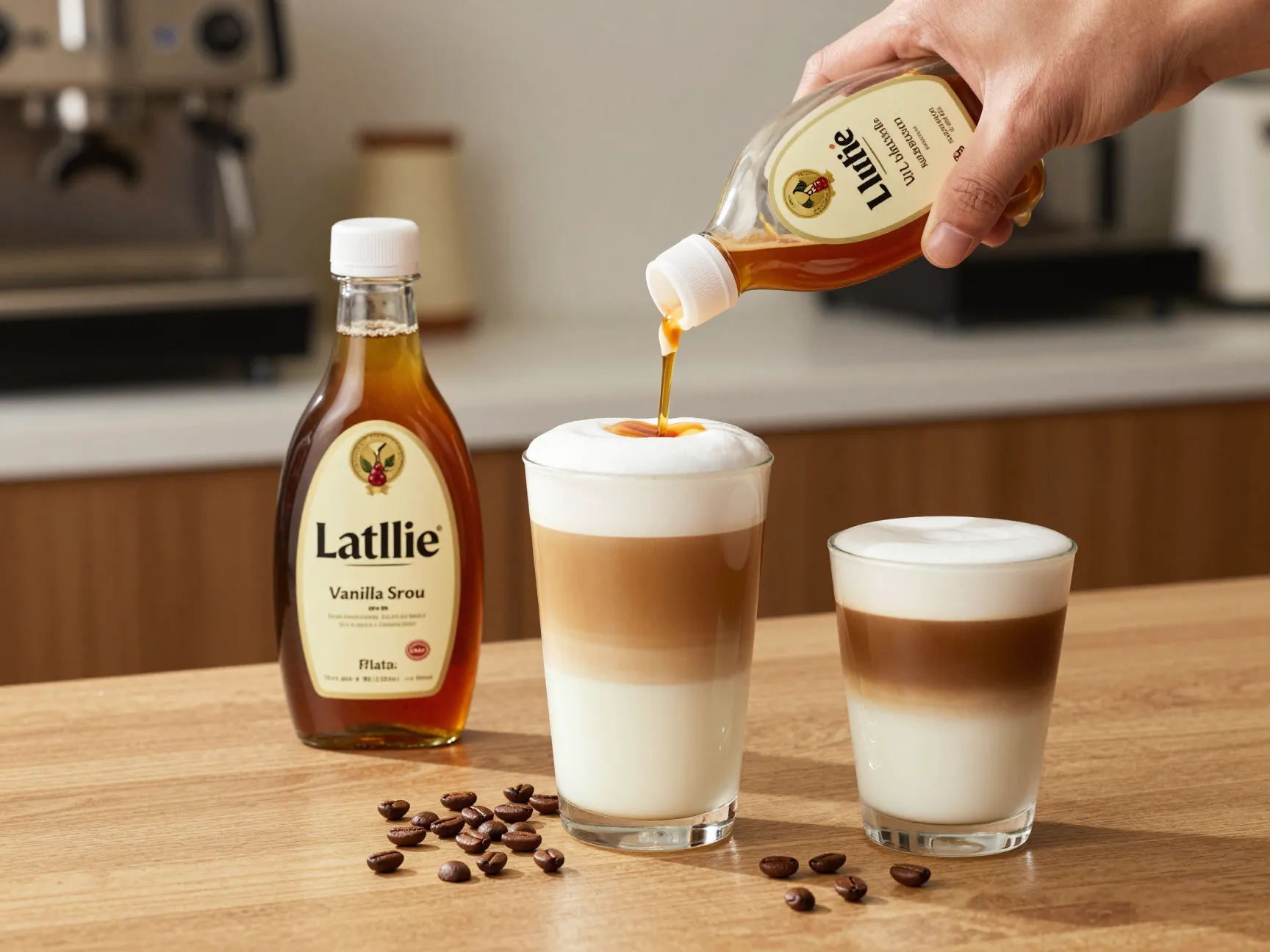 Latte with vanilla syrup bottle versus plain flat white