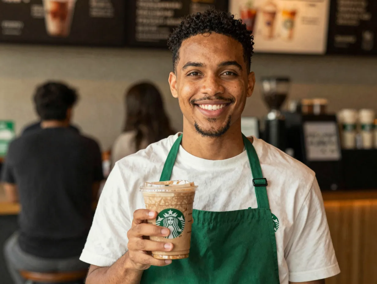 Loyal customer smiling with favorite white chocolate mocha drink