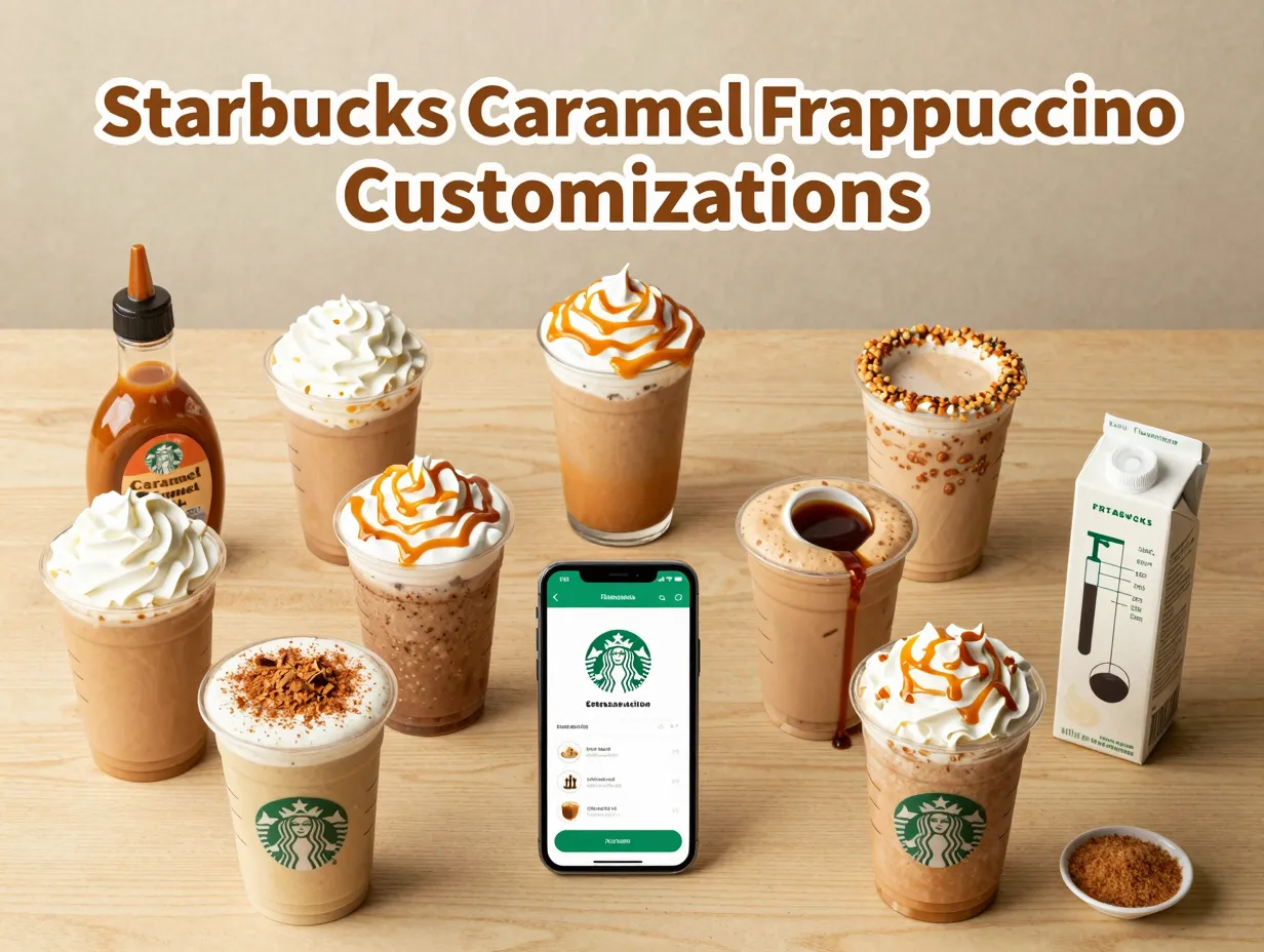 Starbucks caramel frappuccino customizations nine cups sauces toppings lay