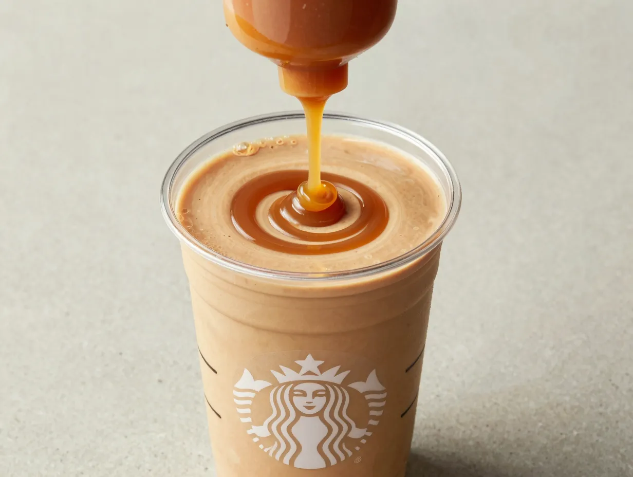 Caramel sauce swapped into starbucks frappuccino cup close up