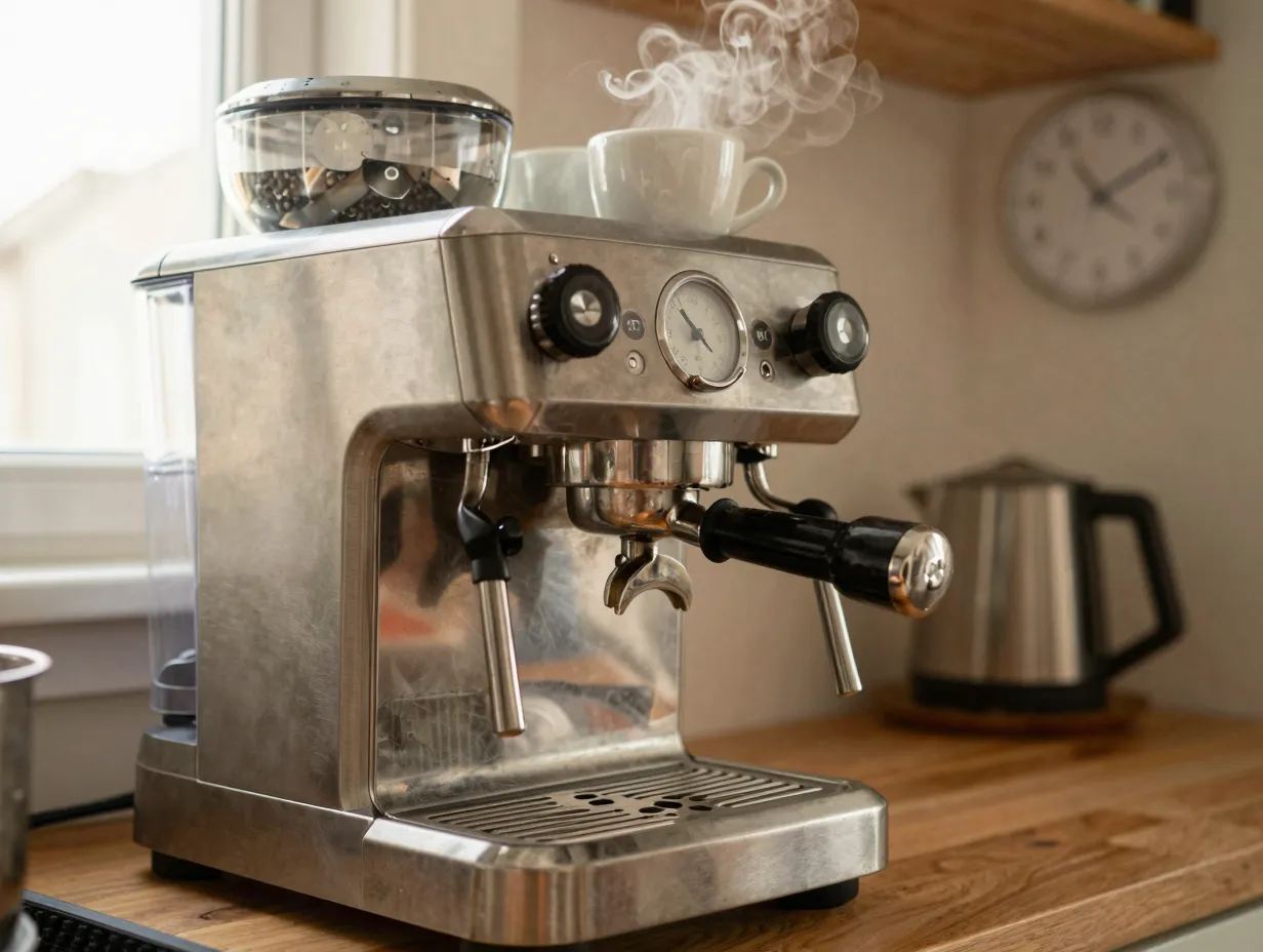 Stainless steel espresso machine warming with portafilter and cups for preheating