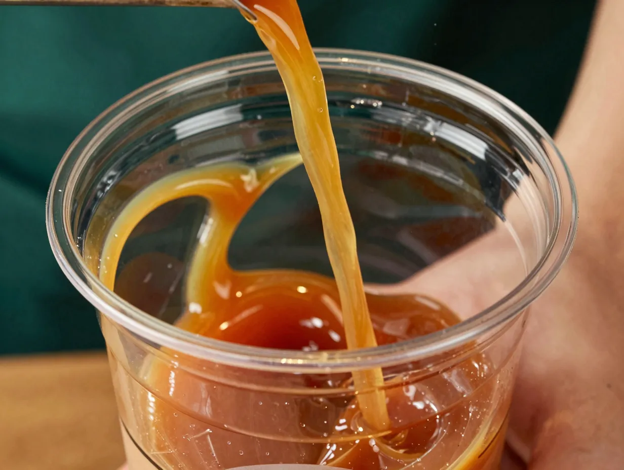 Caramel drizzle lining inside clear starbucks frappuccino cup