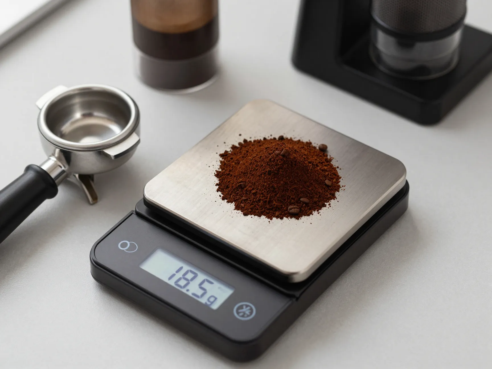 Digital scale measuring precise coffee dose of ground espresso beans