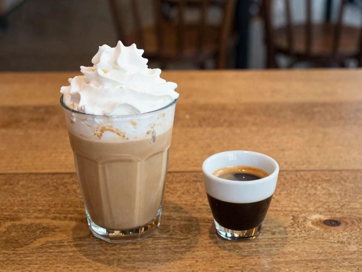 Espresso shot extracted into small cup next to frappuccino