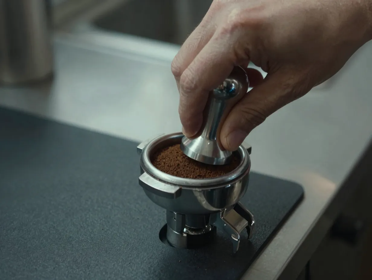 A persons hand using a stainless steel tamper to compress espresso grounds evenly