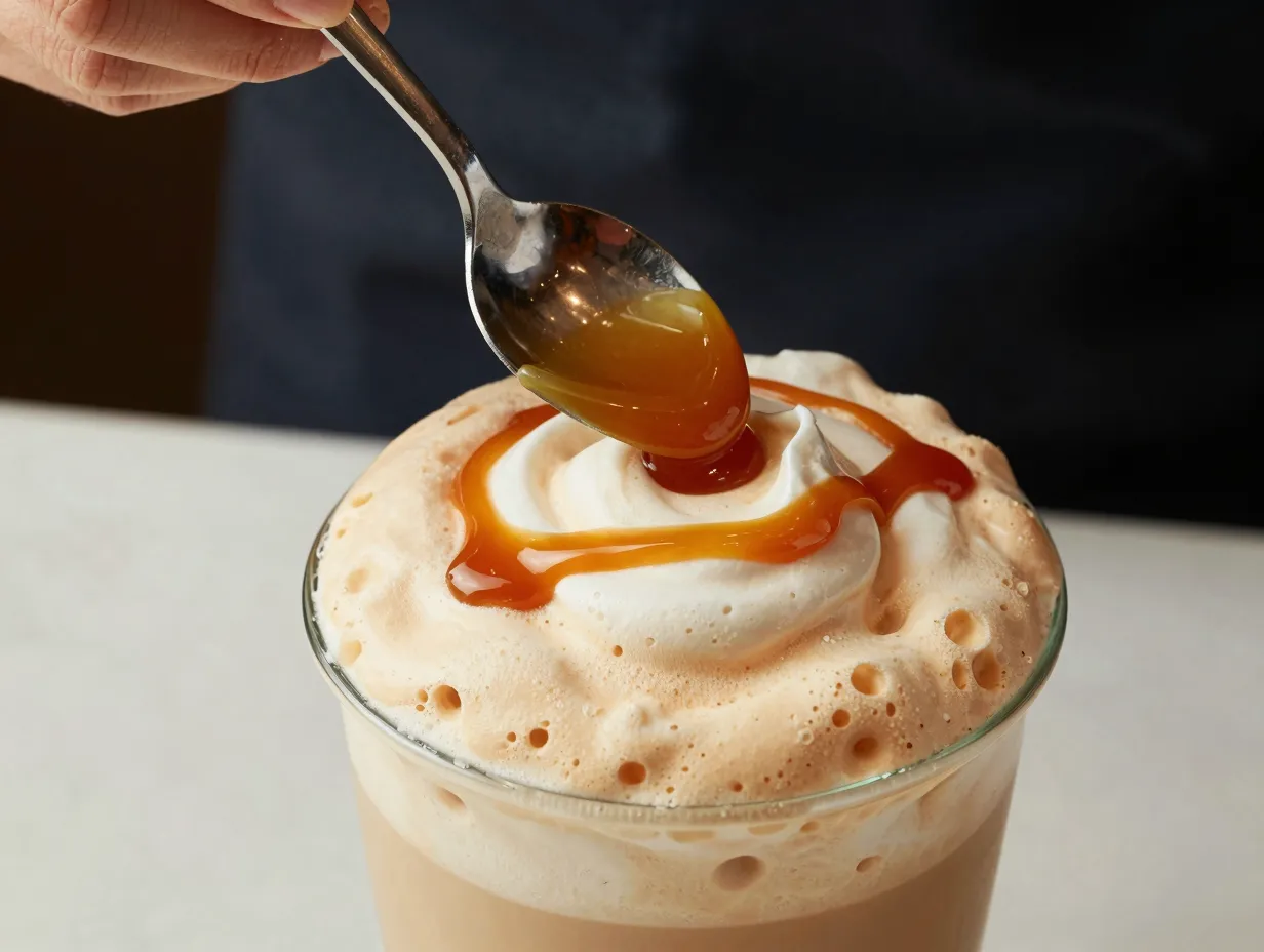 Salted caramel cold foam being spooned onto frappuccino