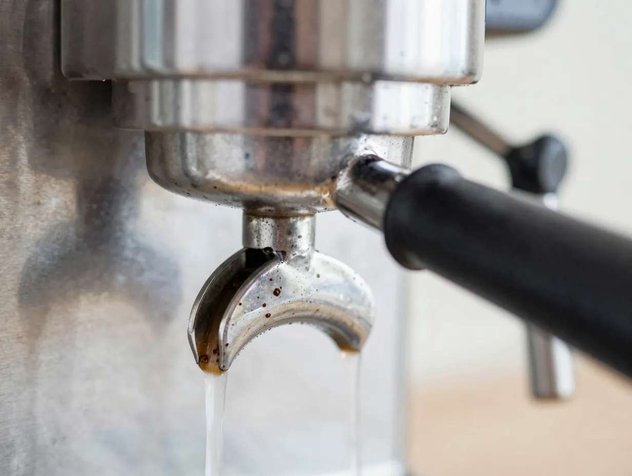 A close up view of an espresso machine group head purging water before brewing