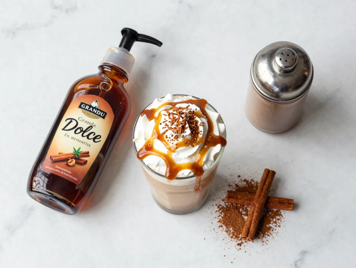 Cinnamon dolce syrup and sprinkles on caramel frappuccino