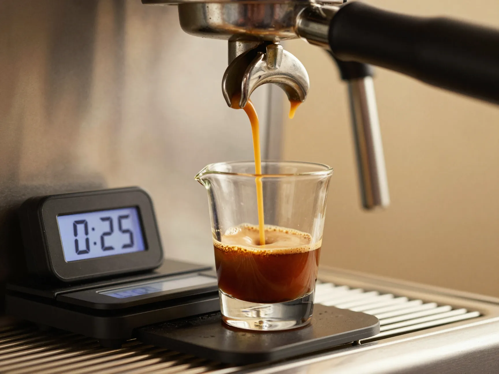 Perfect espresso extraction pouring as a thin steady stream into a shot glass
