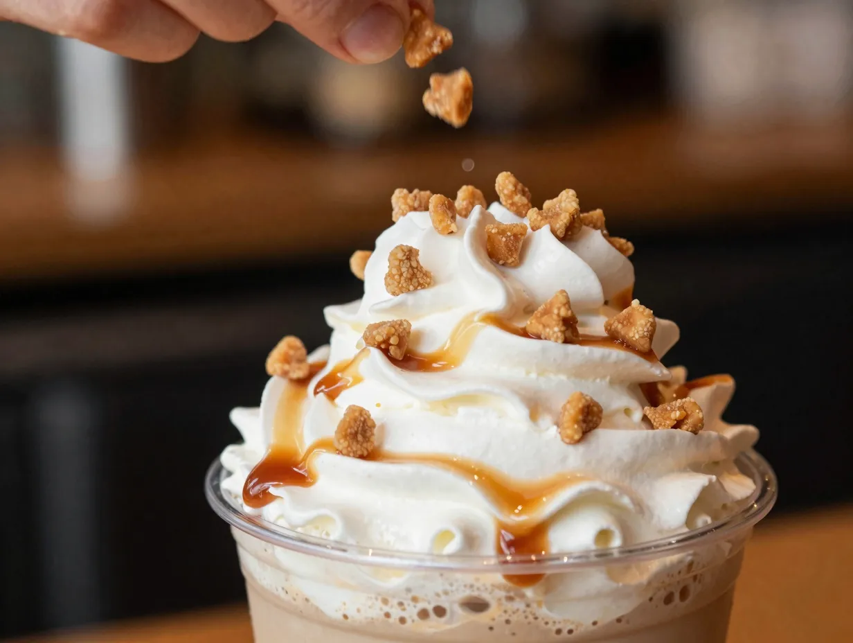 Toffee bits sprinkled on top of whipped cream frappuccino