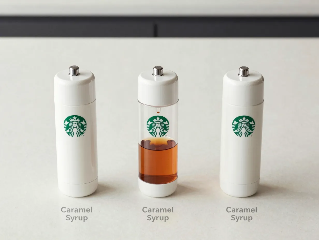 Frappuccino syrup pumps lined up with reduced pump highlighted