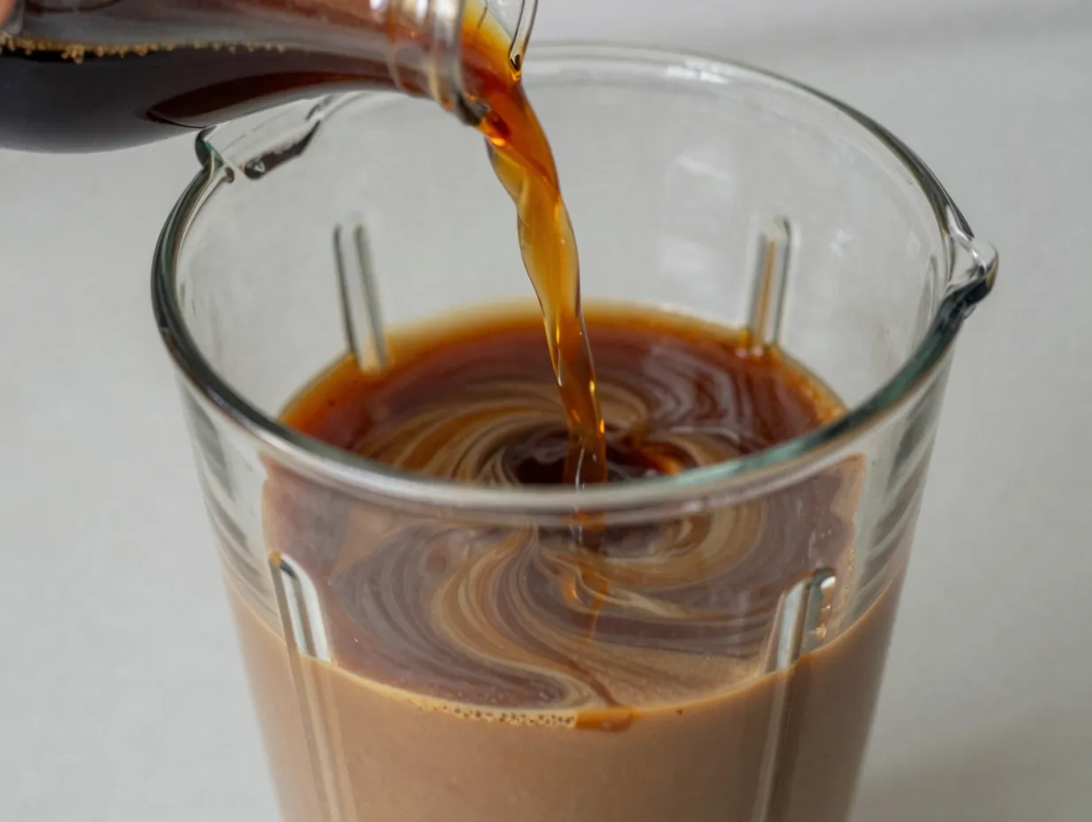 Brown sugar syrup swirled into blended caramel frappuccino drink