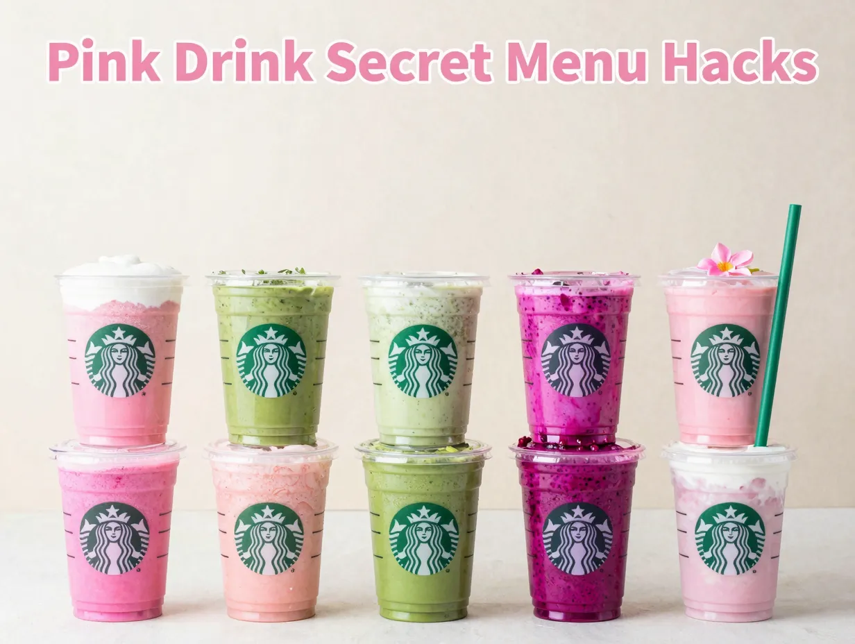 Pink drink secret menu nine variations flat lay starbucks cup