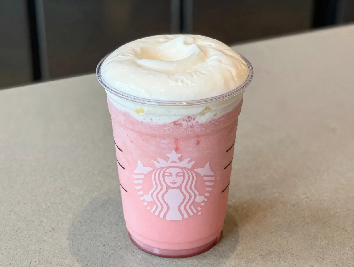 Tropical pink drink with pineapple ginger foam in clear glass