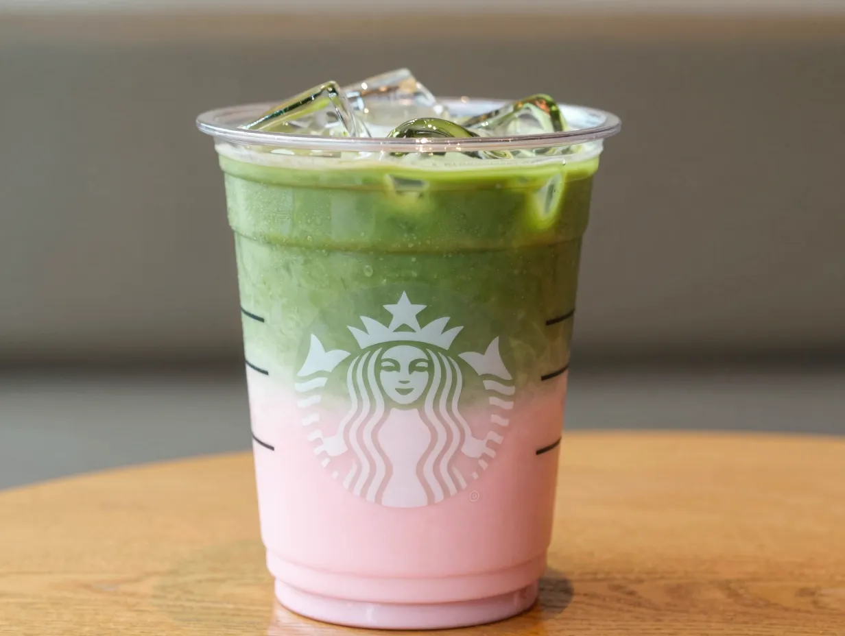Green matcha layer atop pink drink in clear cup with light ice