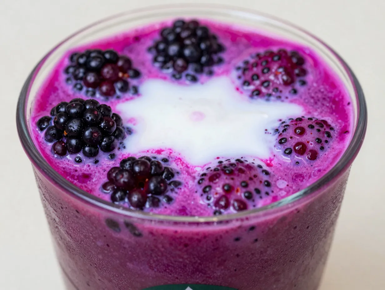 Magenta dragonfruit drink with coconut milk and blackberries